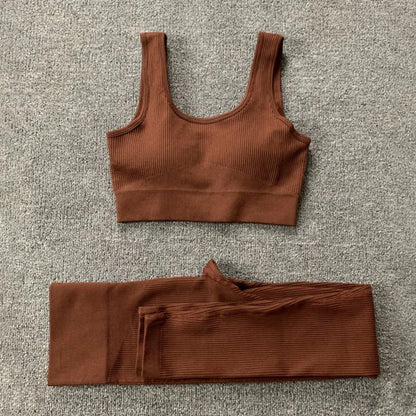 Seamless yoga set with high-waist leggings and supportive sports bra for women's fitness and activewear