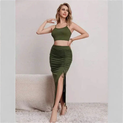 Stylish women's slim fit sleeveless split mid-length dress set in various colors