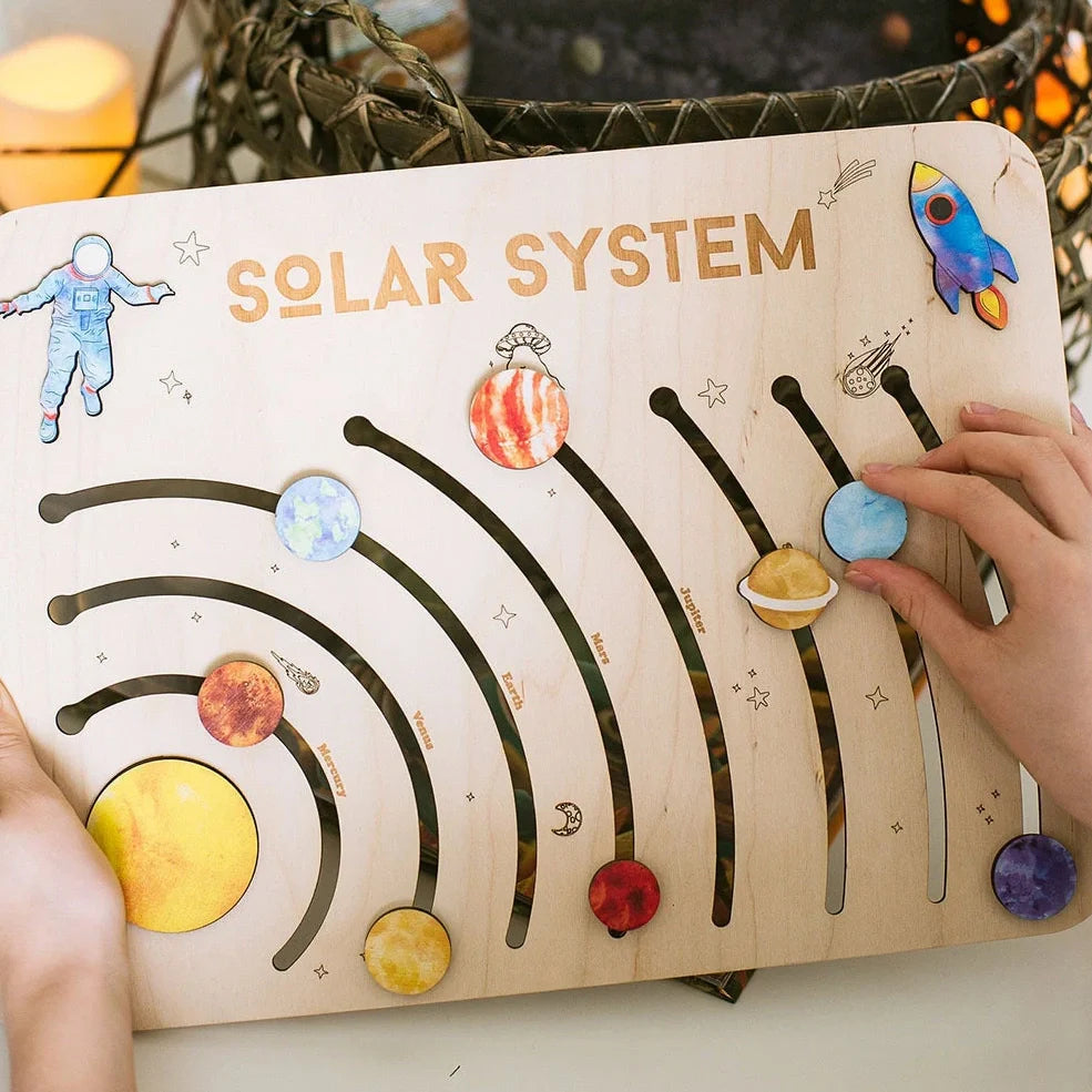 Children's wooden solar system puzzle, 20x15cm assembled, laser-cut pieces in colour box packaging