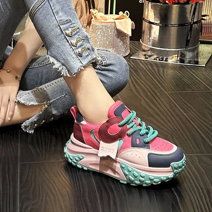 Thick-soled leather sports casual shoes with wedge heel in silver, carmine, black coffee, and black and white colours, front lace-up design