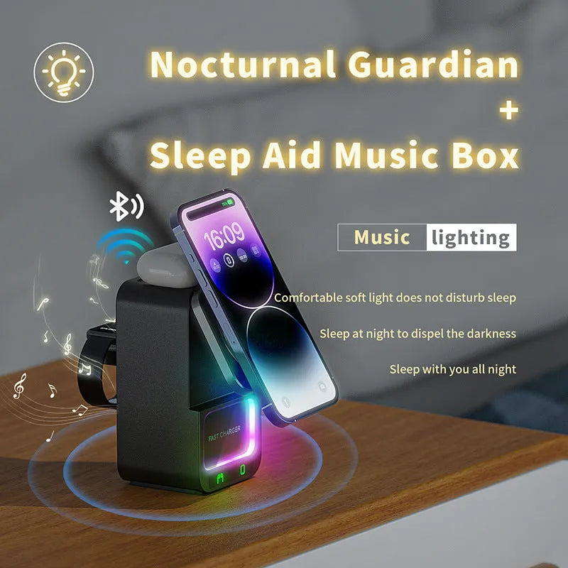 White and black Bluetooth speaker with 5-in-1 wireless charging station showing QC3.0 charging support