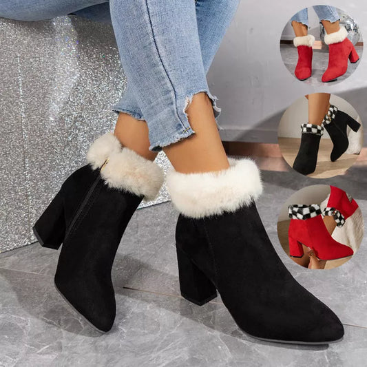 Women's plaid print plush ankle boots with square heel and fur insole