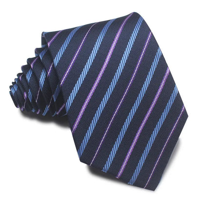 Close-up of a red and black striped jacquard weave tie with an arrow tip, showing texture.