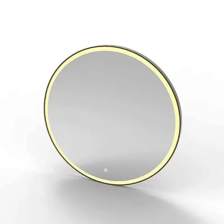 Round wall-mounted smart bathroom mirror with black aluminium alloy frame and touch-controlled LED lighting