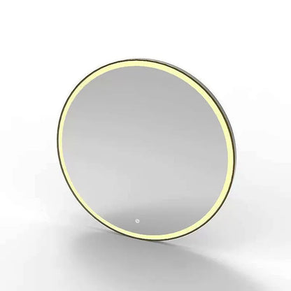 Round wall-mounted smart bathroom mirror with black aluminium alloy frame and touch-controlled LED lighting