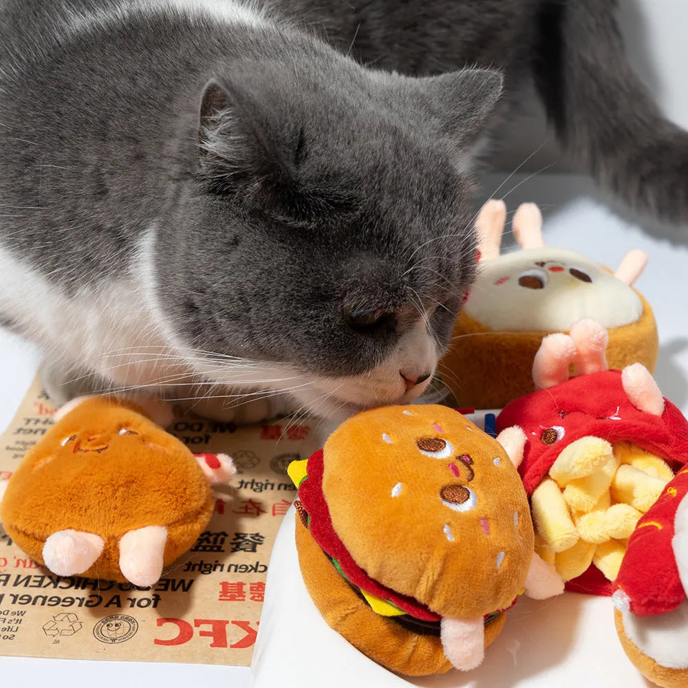 Soft kitten teething chew toy in food-themed hamburger chicken leg bread fries or hot dog design