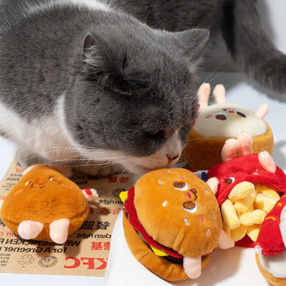 Soft kitten teething chew toy in food-themed hamburger chicken leg bread fries or hot dog design