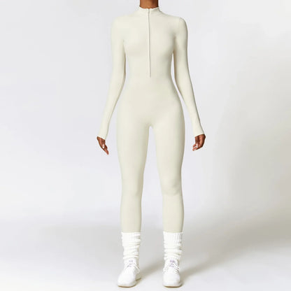 Cozy zippered jumpsuit in various colors, designed for yoga, fitness, and sports activities