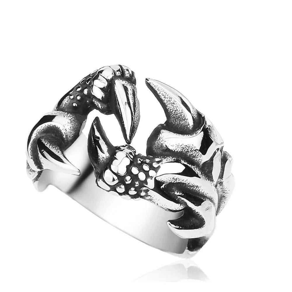 Men's open dragon claw ring in titanium steel with chrome finish