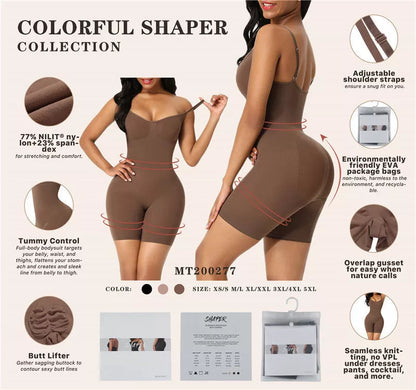 Body-shaping corset in black, skin color, or brown with belly contracting and chest support features