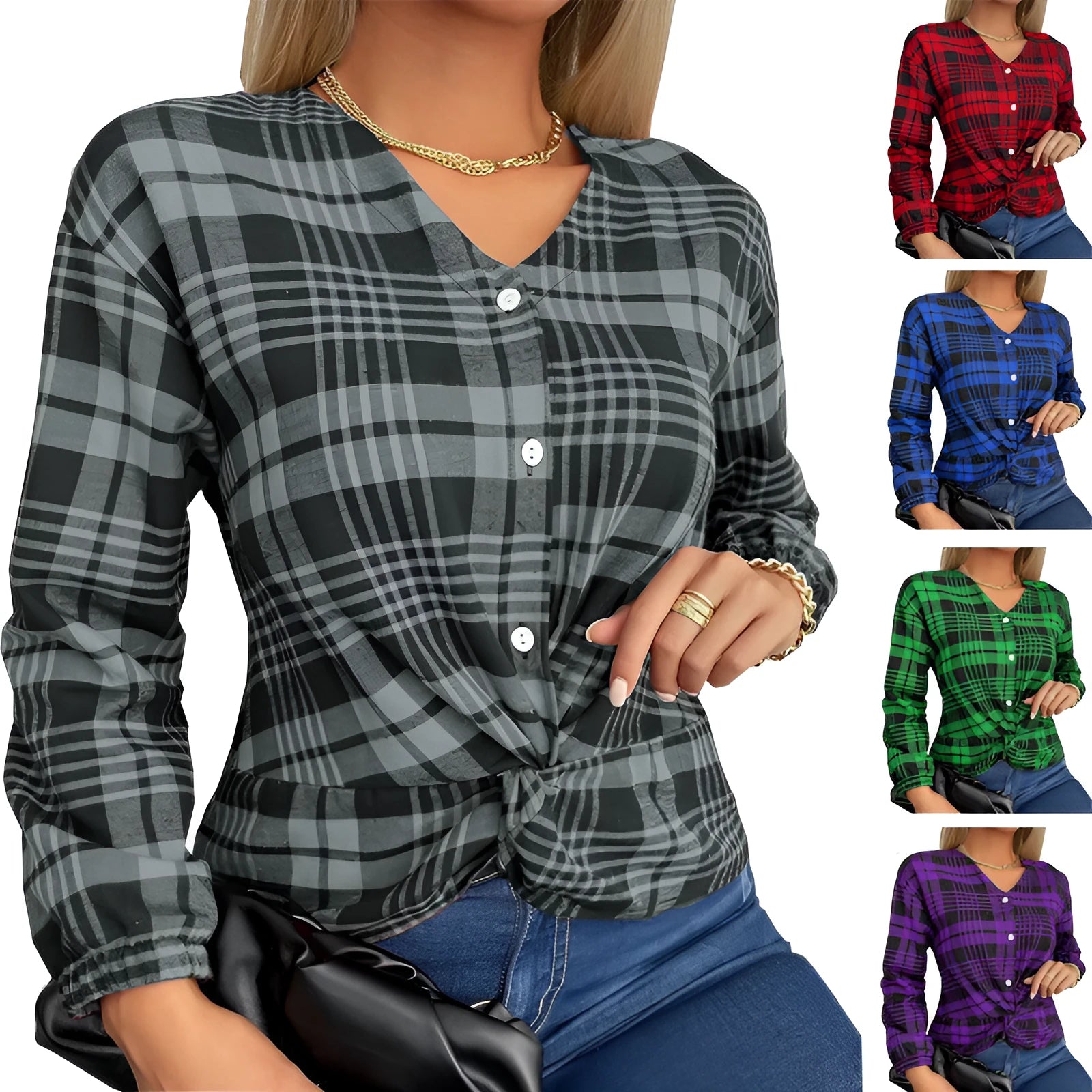 Women's plaid shirt in purple, grey, or red with regular sleeves and loose fit, showing size range S to 3XL