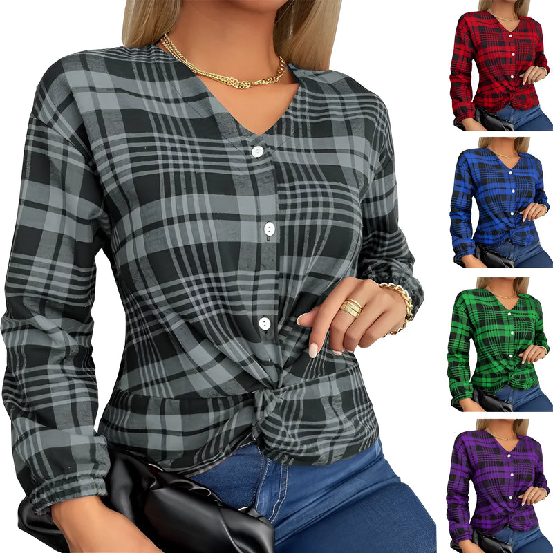 Women's Creative Plaid Casual Loose Shirt: Polyester fibre construction in purple, grey, or red with regular sleeves and sizes S to 3XL for versatile wear
