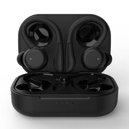 Sports true wireless hanging ear earphones in black, with removable ear hooks and multiple silicone earbuds.