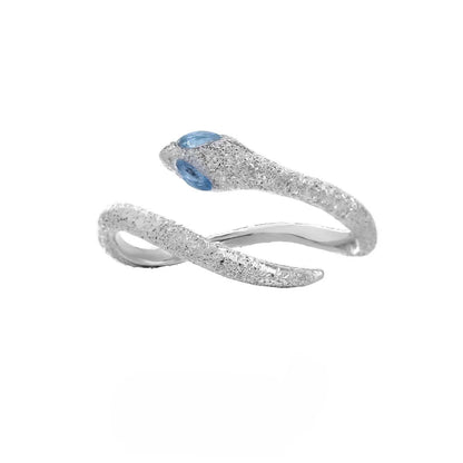 Cool Style Minority adjustable silver snake ring with platinum-colour finish on a hand, showing detailed modelling and open band.