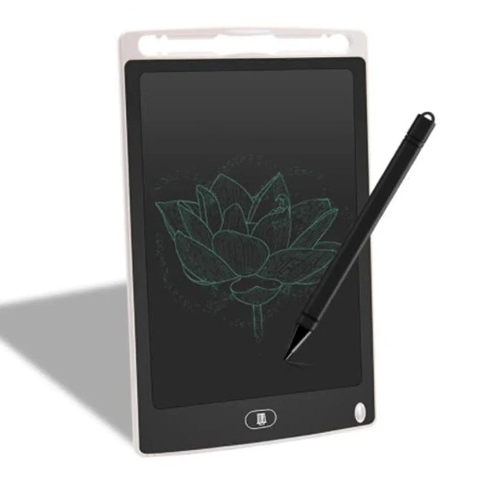 8.5-inch LCD writing board with stylus showing pressure-sensitive writing on blue background