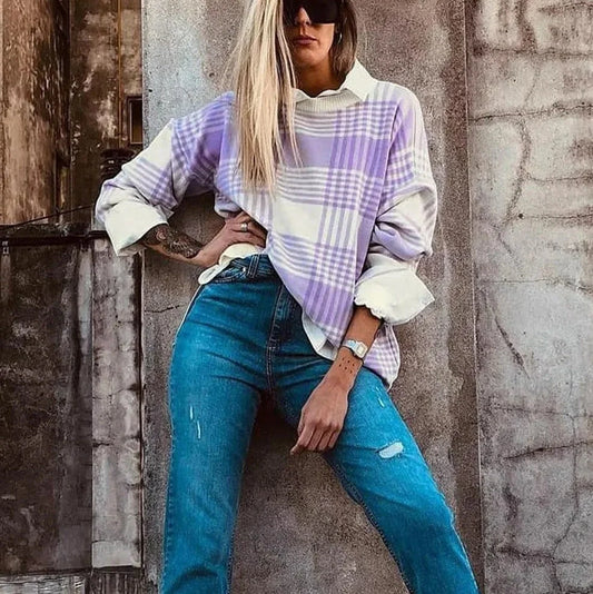 Lilac plaid print loose sweater with ribbed neckline and cuffs, long sleeves, shown in loose fit