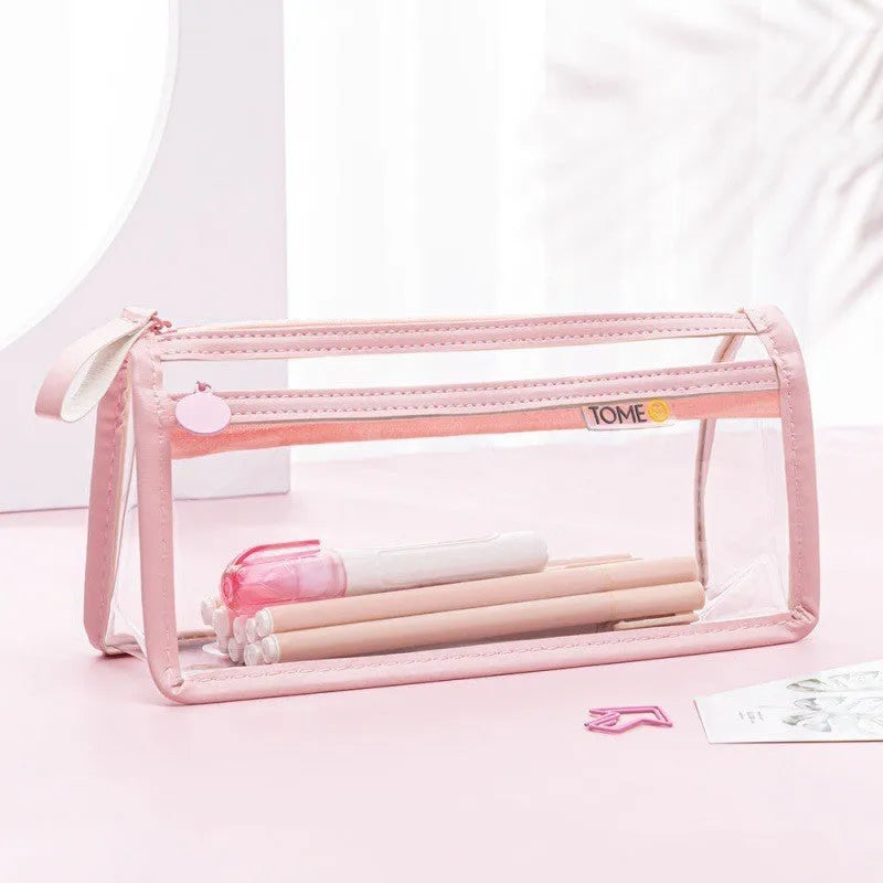 Transparent double-layer pencil case in blue showing organised stationery inside compartments
