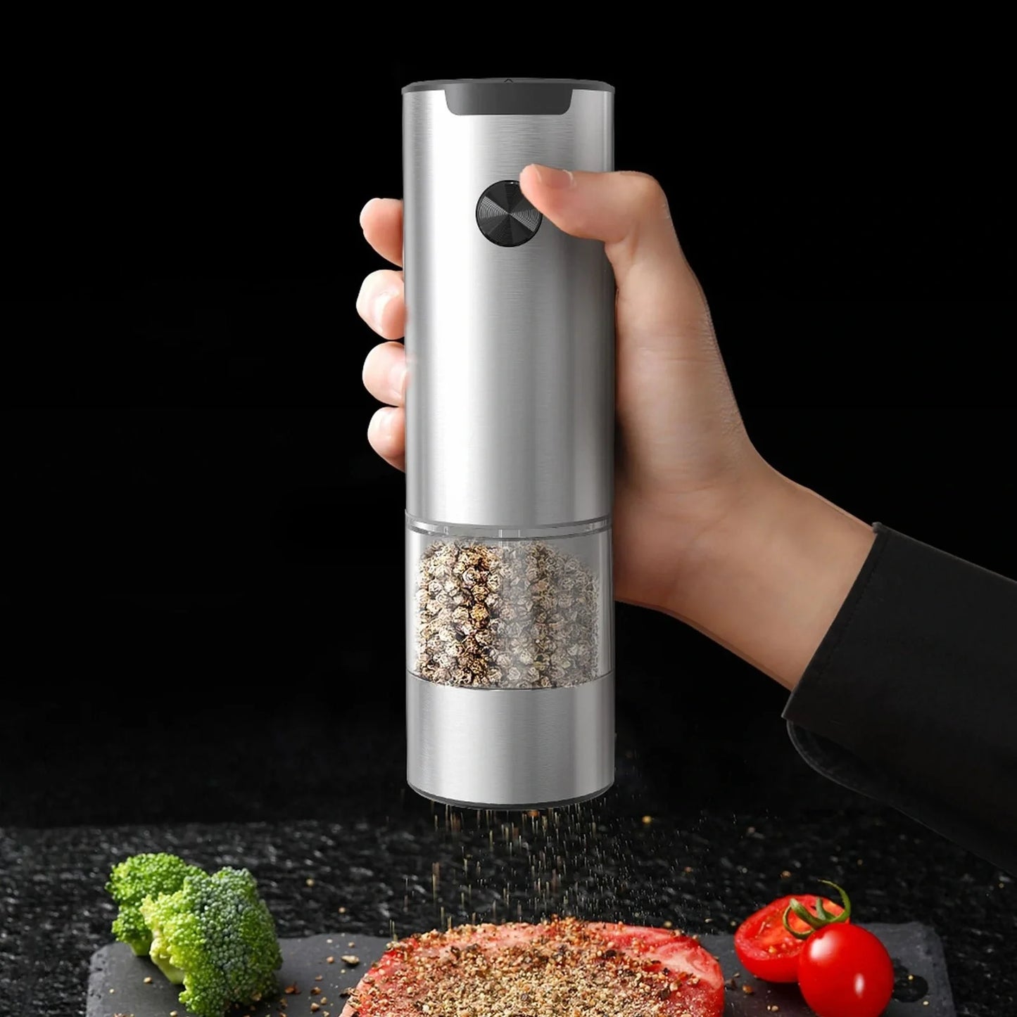 Stainless steel electric pepper grinder with button operation and Type-C charging port