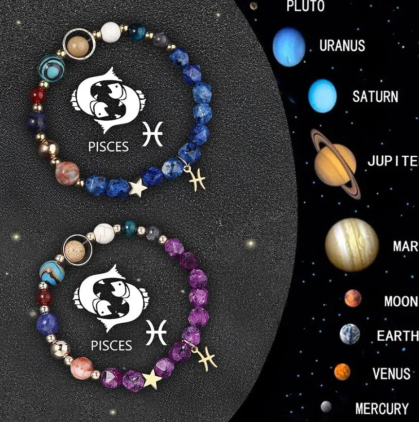 Twelve Zodiac Sign Beaded Bracelet Set with natural stone beads and adjustable cord on wrist
