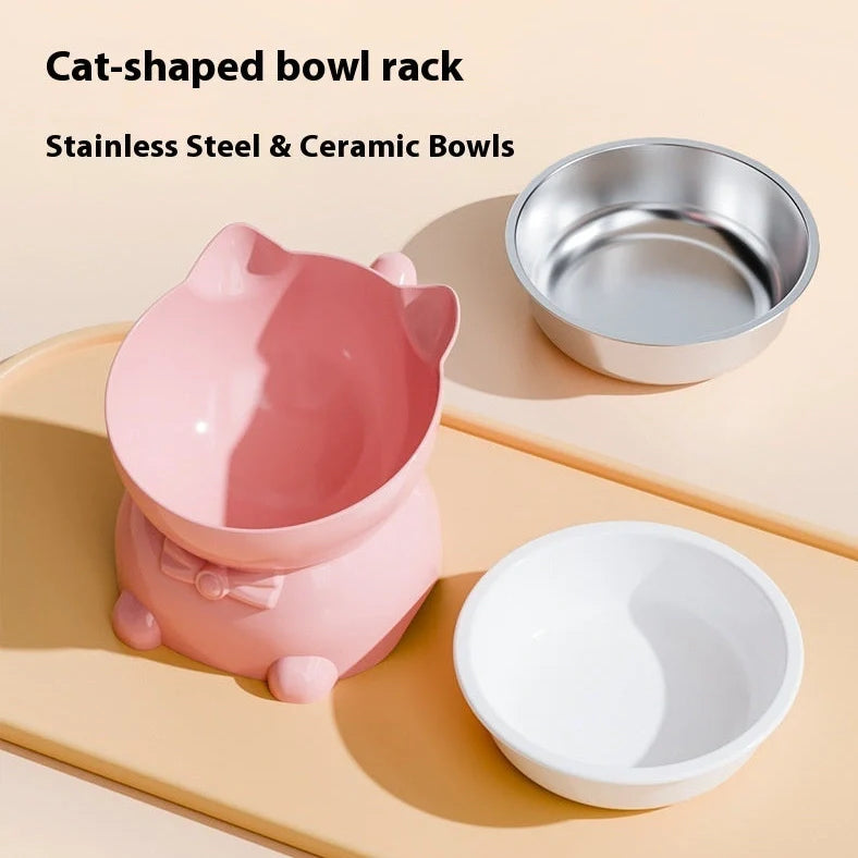 Stainless steel cat bowl with 15-degree tilt angle on non-slip silicone base