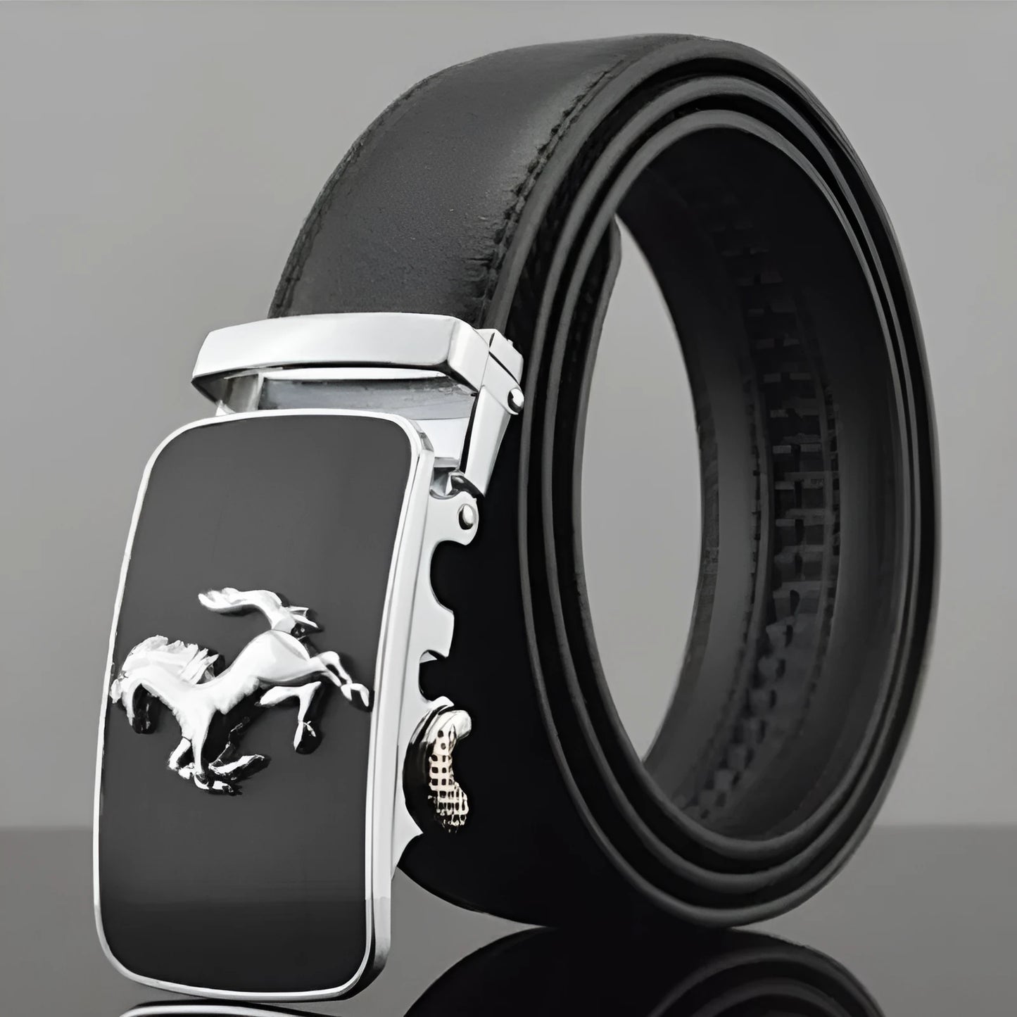 Men's black leather belt with automatic buckle mechanism showing 3.5cm width