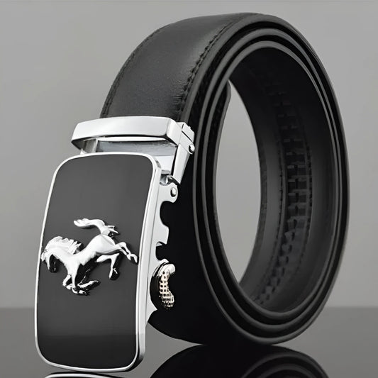 Men's black leather belt with automatic buckle mechanism showing 3.5cm width