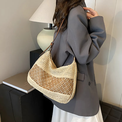 Women's casual straw cross body bag in khaki colour with sandwich pocket design