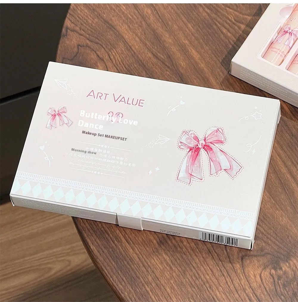 Butterfly Box Suite makeup set with matte lip muds, powder blusher, and necklace in pink butterfly design