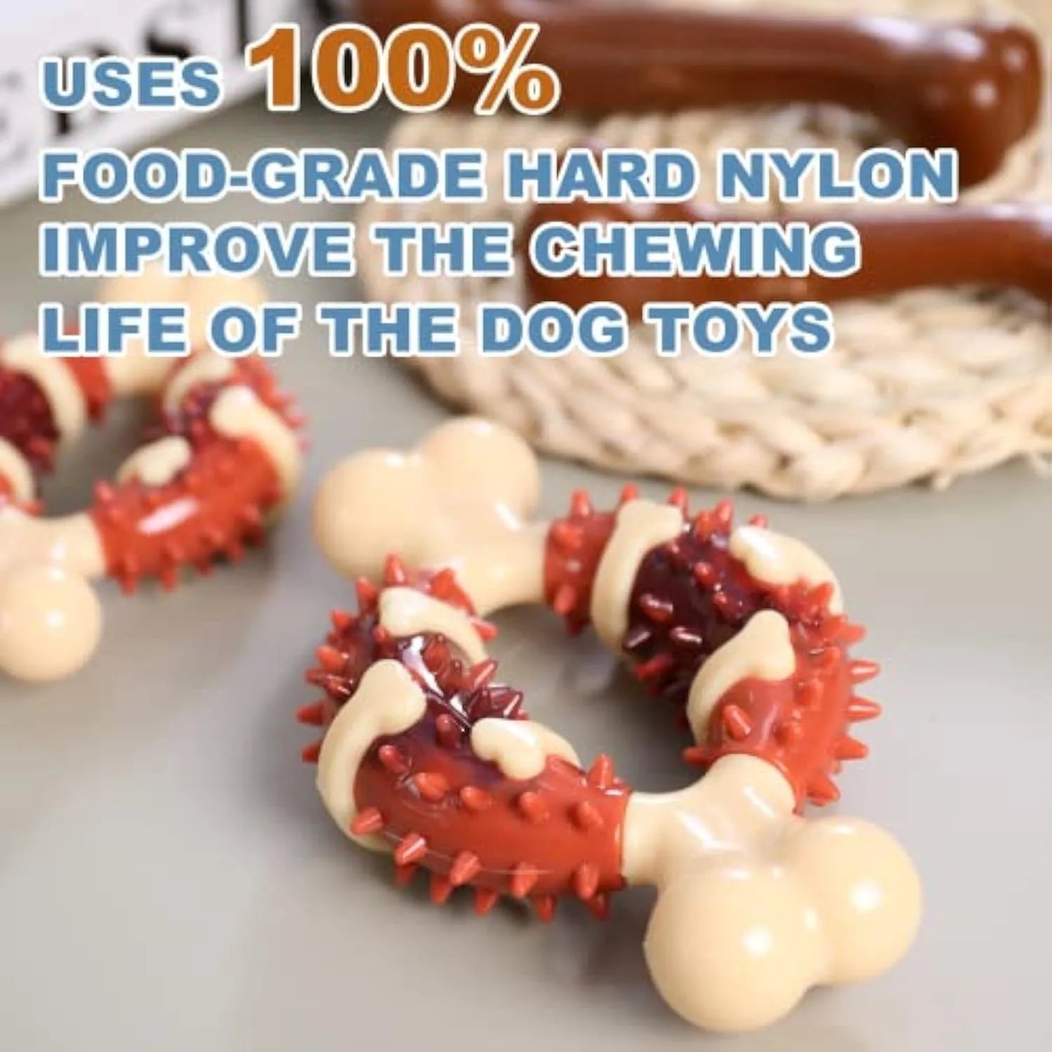 Bone-shaped natural rubber dog toy for teeth grinding and anxiety relief in two sizes