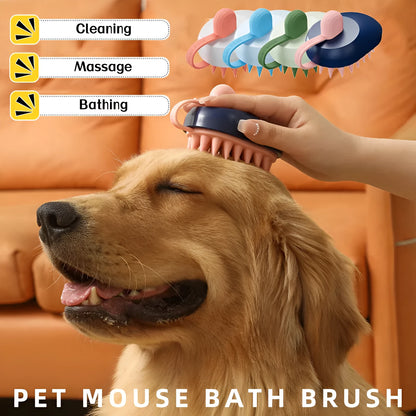 Handheld silicone pet hair remover and massage brush in blue, for use on dogs and cats during bathing.