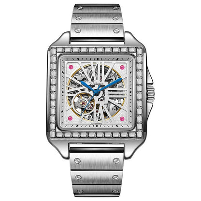 Square automatic watch with diamond-studded design on 6066A stainless steel belt for men's business wear