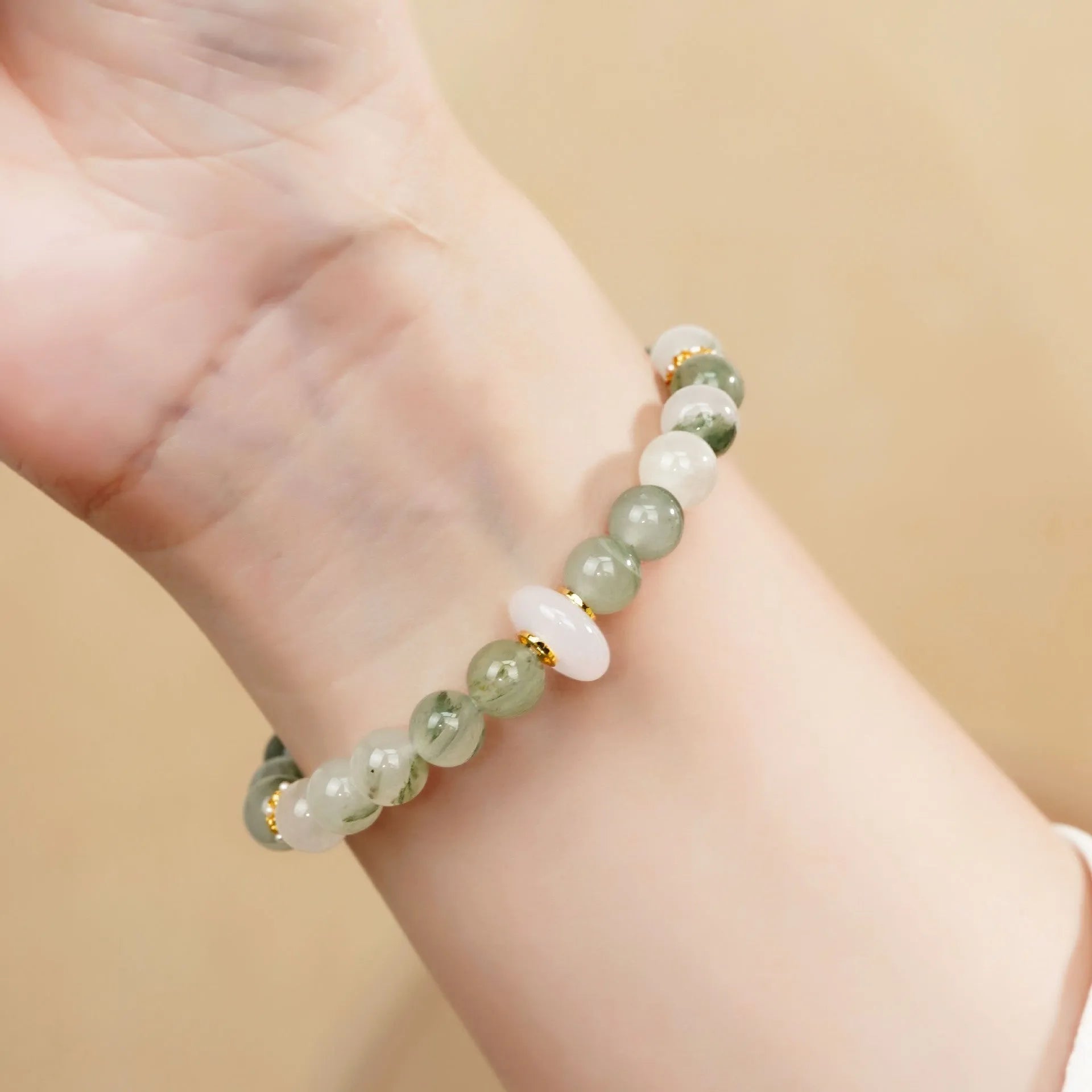 Emerald green Tian Shan Cui stone half bracelet with round beads in national style design for women