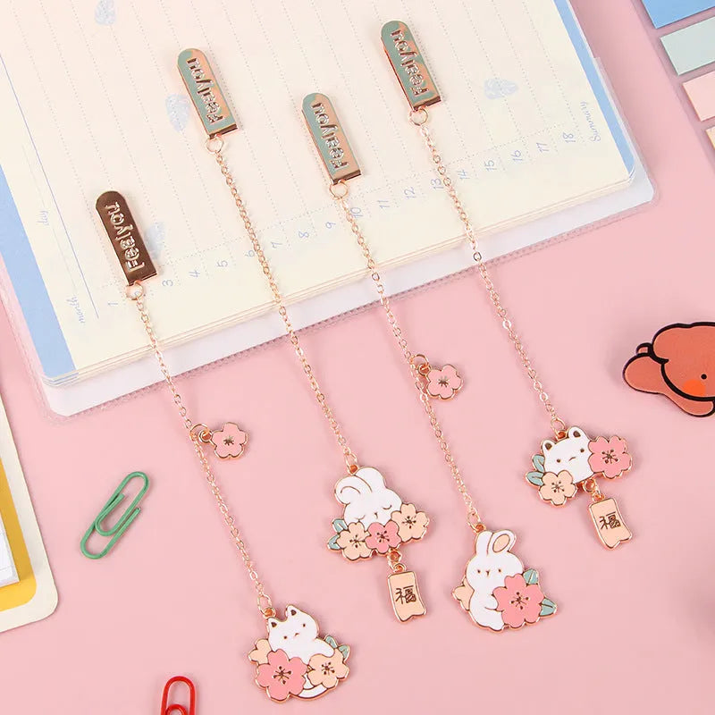 Metal bookmark pendant with cherry blossom cartoon cat design for journal decoration