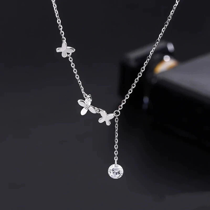 Elegant S925 Sterling Silver Butterfly Anklet with Zircon Stones and Flower Tassel