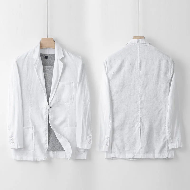 Men's loose fit linen suit jacket in solid colours showing long sleeves and casual styling