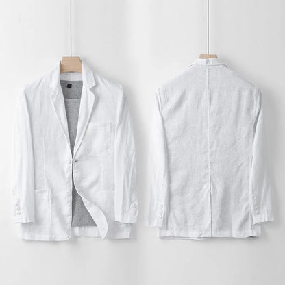 Men's loose fit linen suit jacket in solid colours showing long sleeves and casual styling