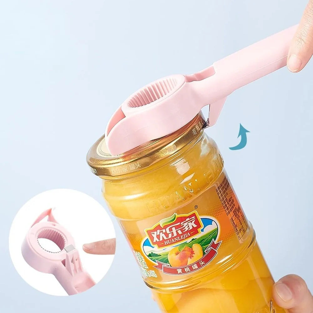 Bear-shaped 4-in-1 stainless steel bottle opener in gray blue, 21 cm long for jars cans and beers