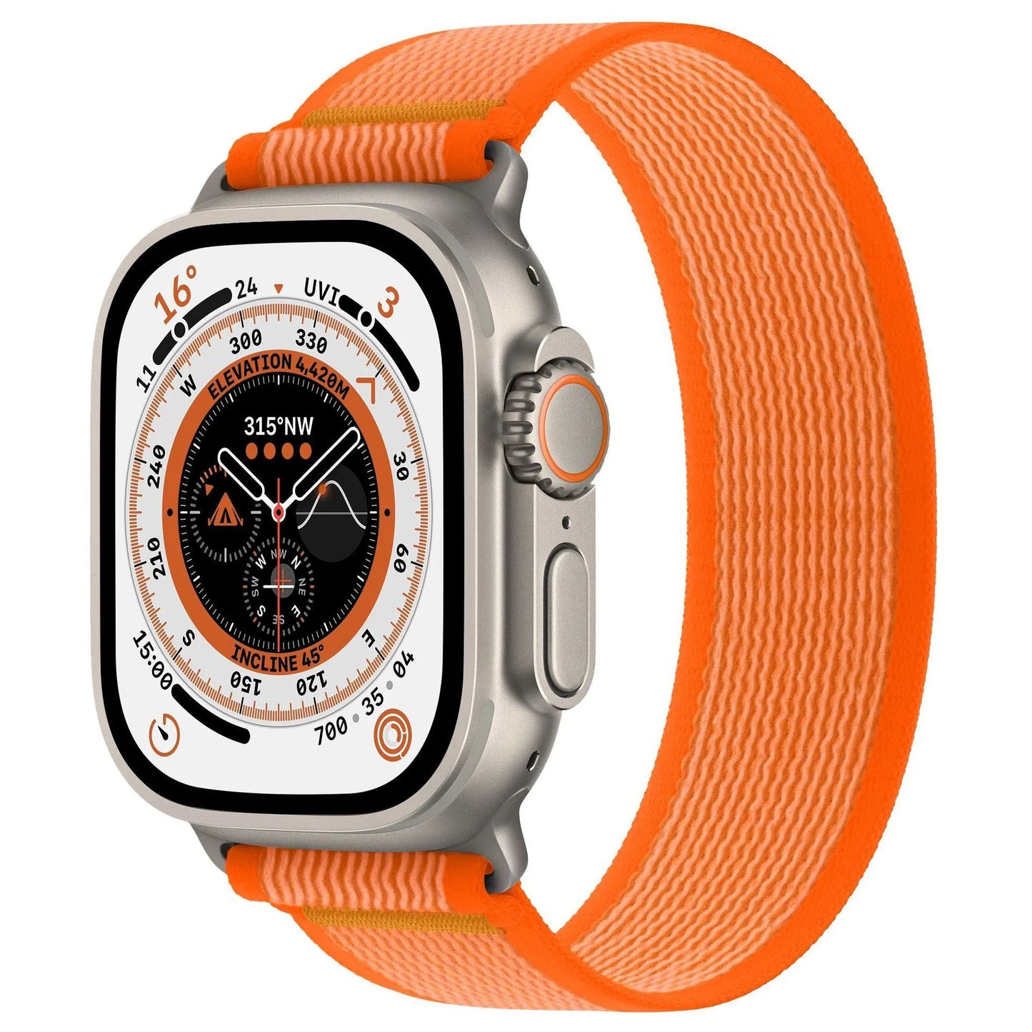 Nylon Apple Watch strap with single-ring closure in black and grey colour combination.