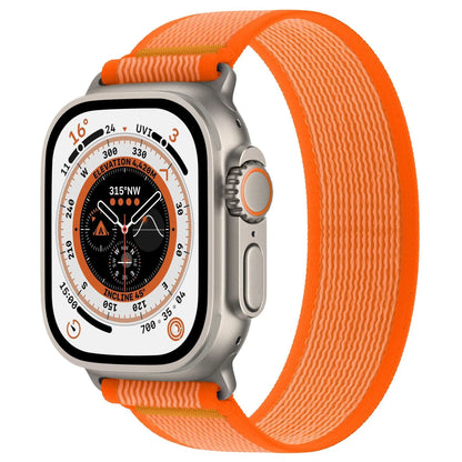 Nylon Apple Watch strap with single-ring closure in black and grey colour combination.