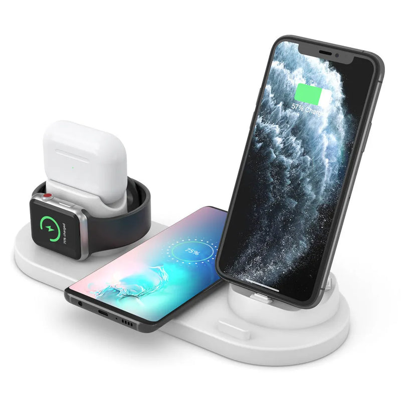 Mobile phone holder with wireless charging, multifunctional 6-in-1 wireless charging station, ABS PC fireproof material, USB interface, 1.2m cable, supports 10W phone, 3W AirPods and 2W iWatch charging, in black or white, 23x9x12.5cm