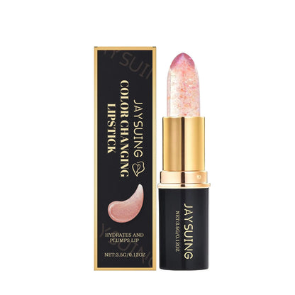 3.5G tube of moisturising brightening colour changing lipstick on a pink background.
