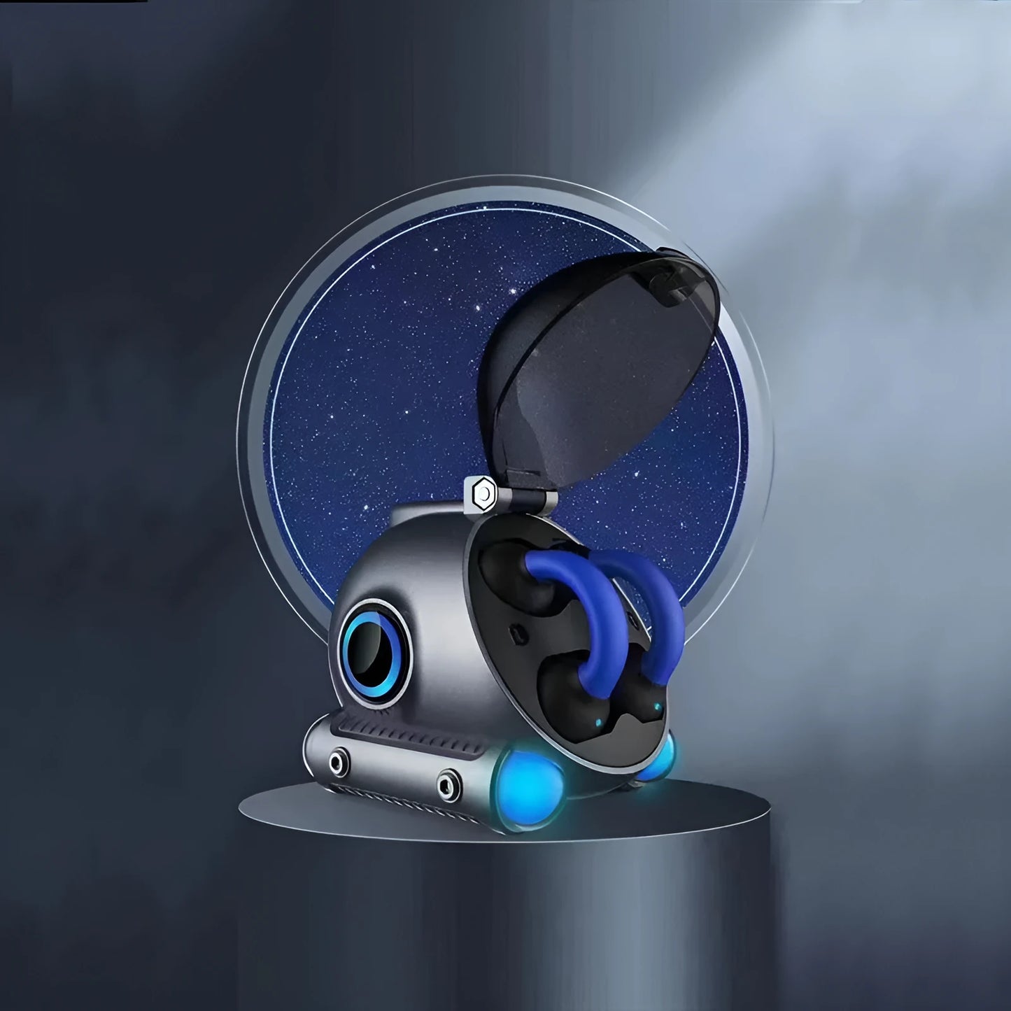 Black wireless Bluetooth sports headset with clip-on earhook design on white background