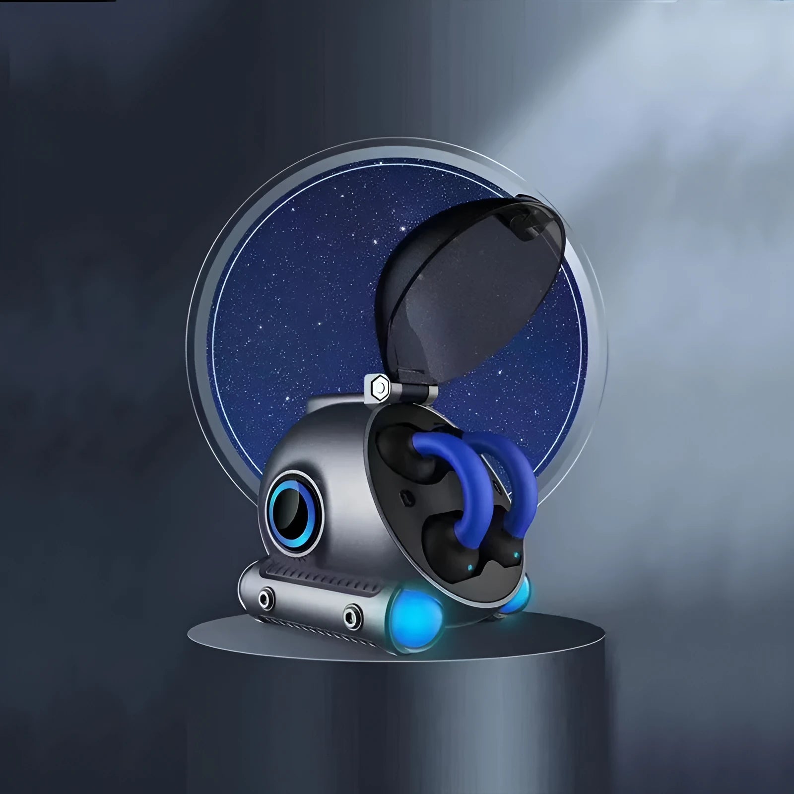 Black wireless Bluetooth sports headset with clip-on earhook design on white background