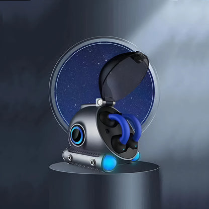 Black wireless Bluetooth sports headset with clip-on earhook design on white background