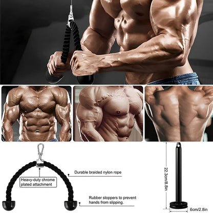 DIY fitness equipment set showing loading pin, hanging strap, tricep rope, pulley and carabiners