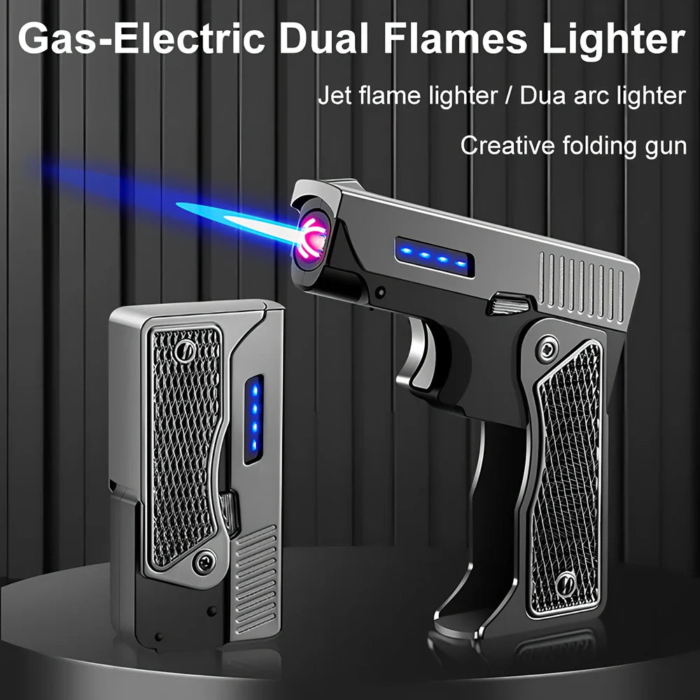 Foldable wind proof lighter showing extended and folded positions with USB charging cable
