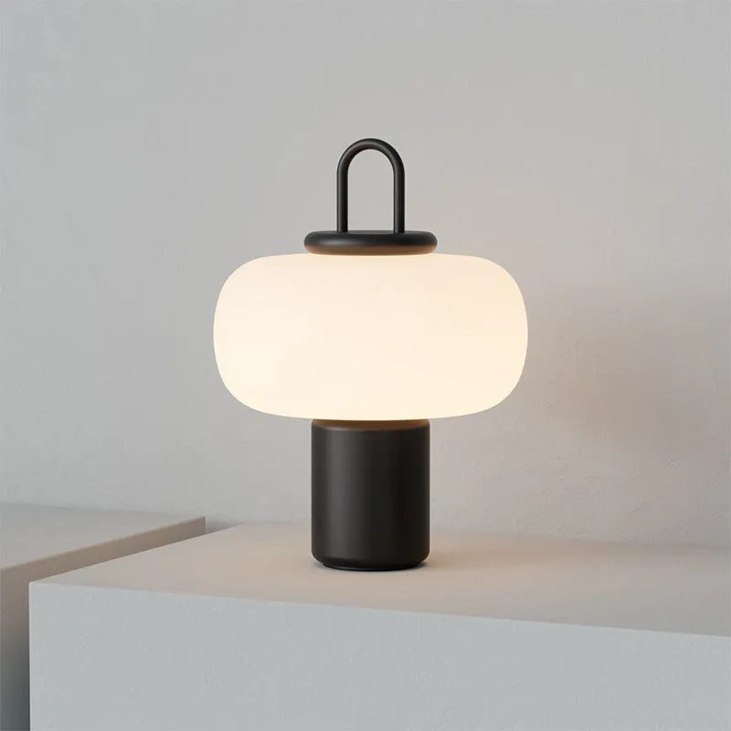 Minimalist Japanese glass bedside table lamp with warm light, 230x330mm dimensions, and UK plug on a children's nightstand.