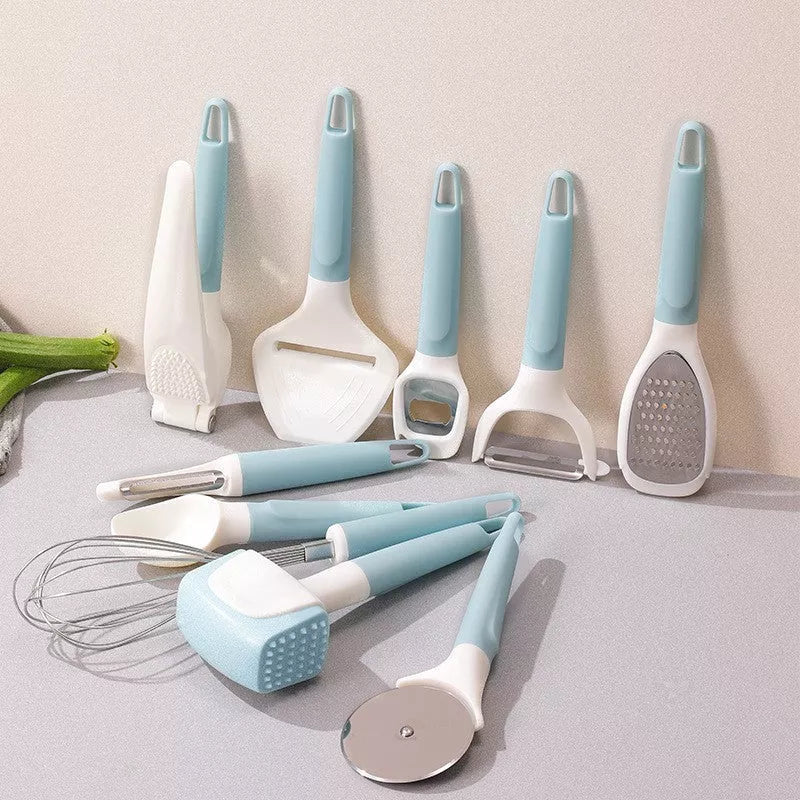 10-piece kitchen gadget set with PP handles and stainless steel tools including cheese scraper, meat tenderizer, and more