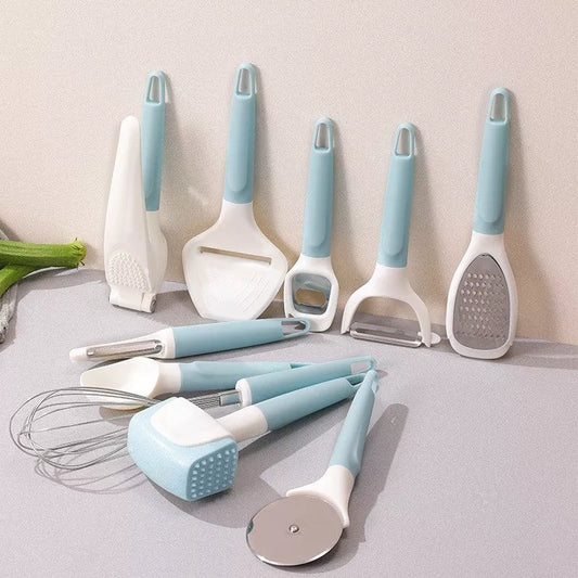 10-piece kitchen gadget set with PP handles and stainless steel tools including cheese scraper, meat tenderizer, and more
