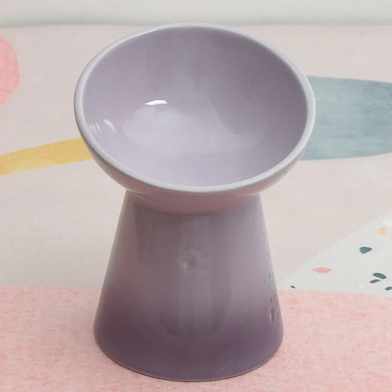 White ceramic pet bowl with high foot neck protector showing 15cm diameter and 8cm height measurement